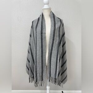 Madewell Cape Scarf In Vertical Stripe 100% Wool Fringe Armholes Gray SO SOFT